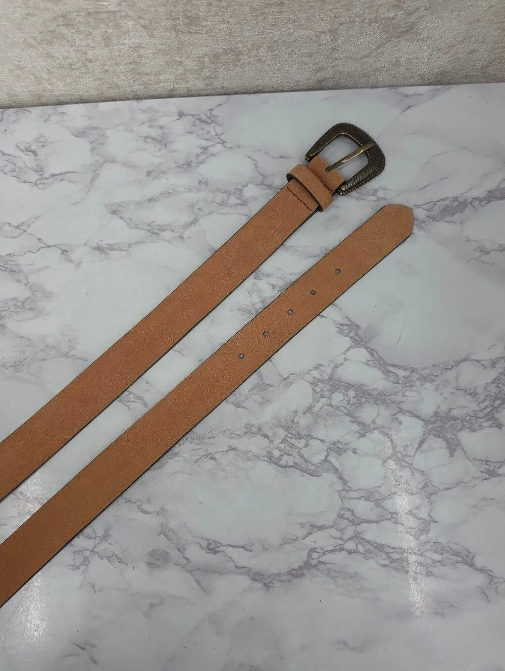 Tan Suede Leather Belt with Antiqued Brass Tone Buckle